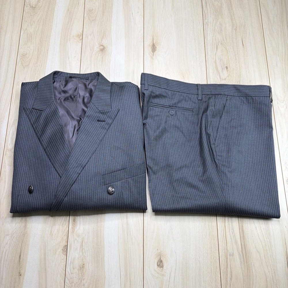 Hackett Double Breasted Striped Silver Button Wool Suit Gray Men's 52S W: 42X29